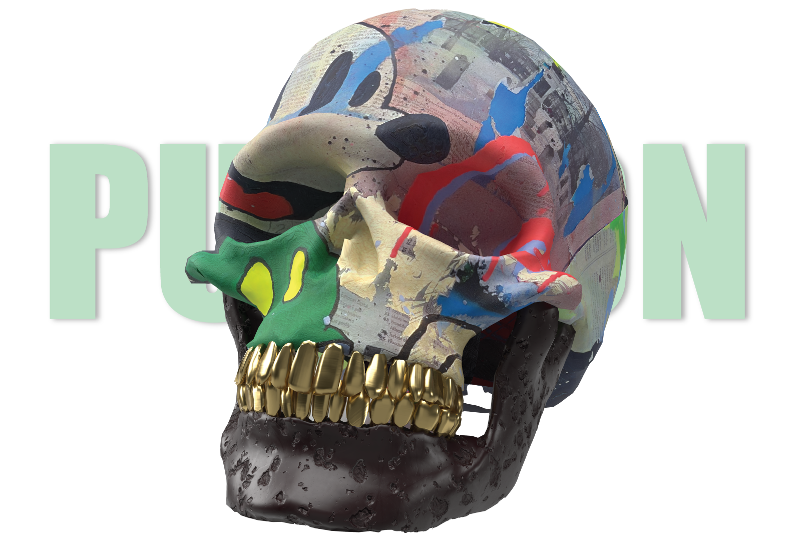 3D style painting of a skull wrapped in Disney vintage paper in acrylic.