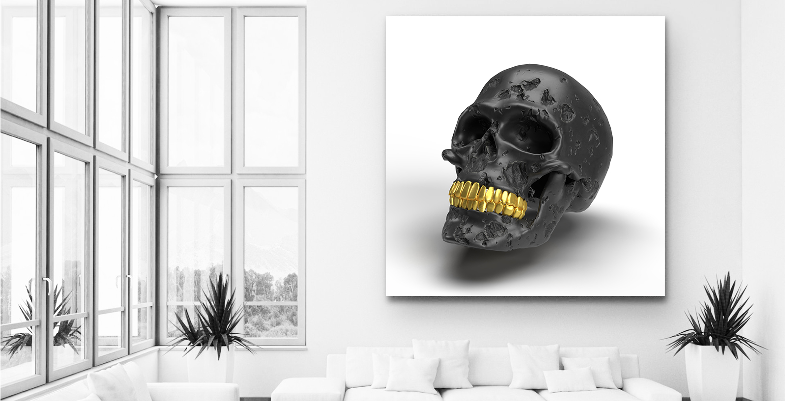 Large painting of 3D skull oby Kirk Purdon on the wall of a large living room in a condominium. 